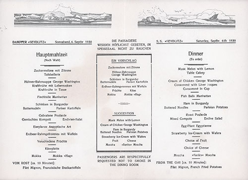 Dinner Menu Items on the SS Seydlitz of the Norddeutscher Lloyd/North German Lloyd for Saturday, 6 September 1930.