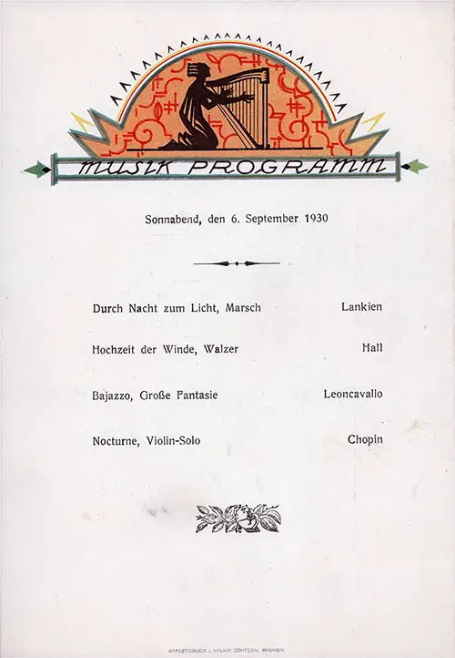 Music Program on the Back Cover, Dinner Menu, on the SS Seydlitz of the Norddeutscher Lloyd/North German Lloyd, Saturday, 6 September 1930.