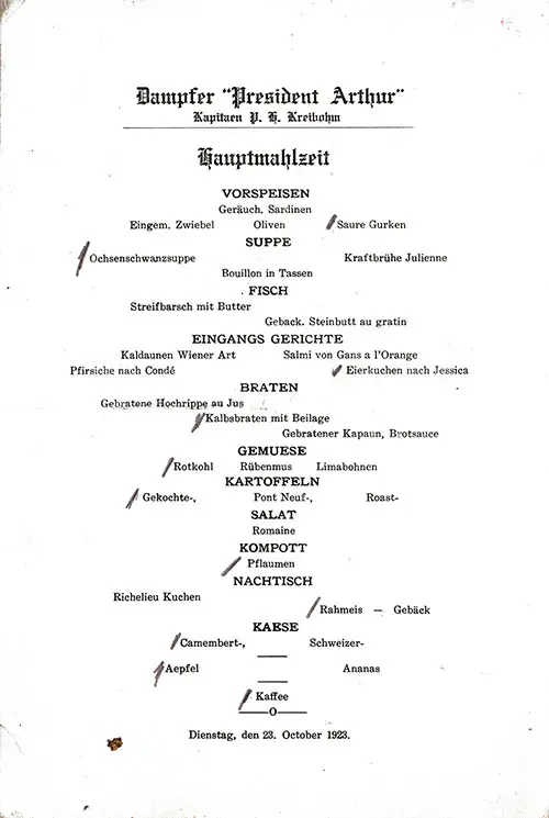 Menu Items in German, Vintage Dinner Menu From Tuesday, 23 October 1923 on Board the SS President Arthur of the United States Lines