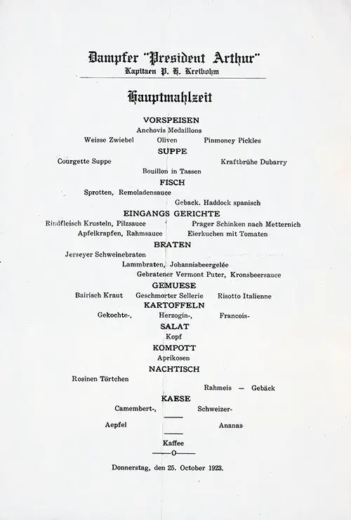 Menu Items in German, Vintage Dinner Menu Card From Thursday, 25 October 1923 on Board the SS President Arthur of the United States Lines.