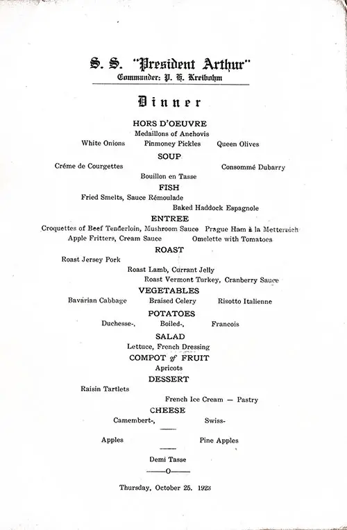 Menu Items, Vintage Dinner Menu Card From Thursday, 25 October 1923 on Board the SS President Arthur of the United States Lines.