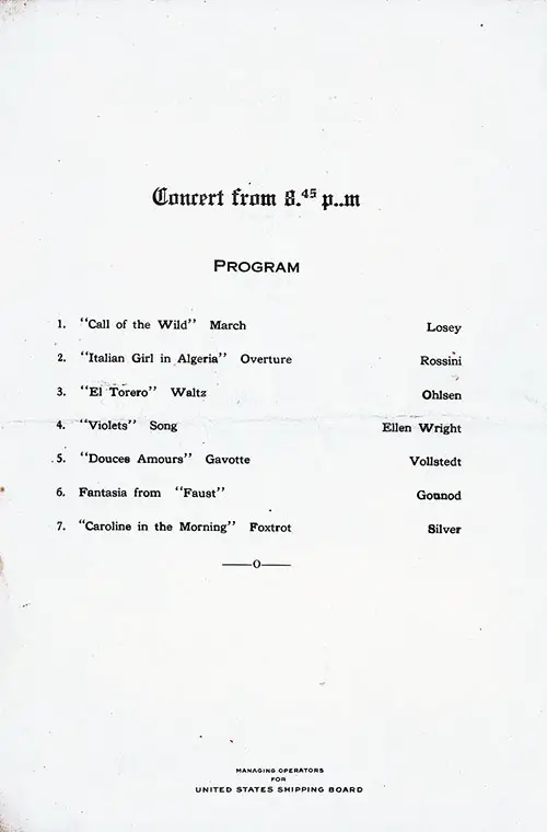 Music Concert Program Included with a Dinner Menu Card From Thursday, 25 October 1923 on Board the SS President Arthur of the United States Lines.