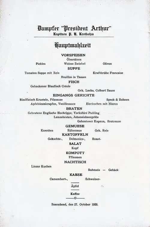 Menu Items in German, Dinner Menu From Saturday, 27 October 1923 on Board the SS President Arthur of the United States Lines.