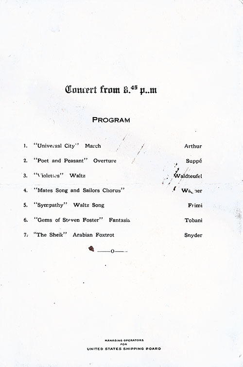 Concert Program, SS President Arthur Dinner Menu - 27 October 1923