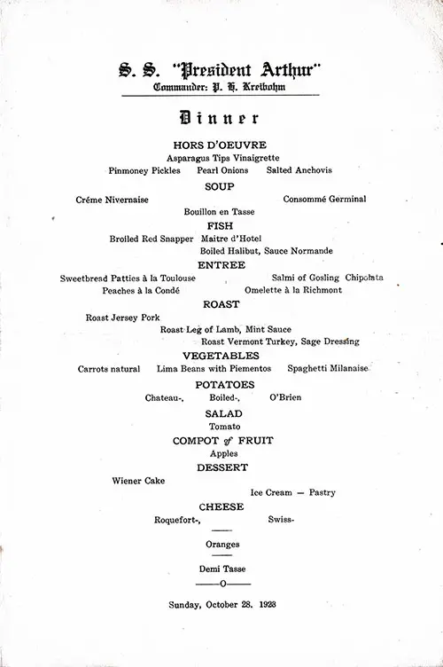 Menu Items, Vintage Dinner Menu From Sunday, 28 October 1923 on Board the SS President Arthur of the United States Lines.