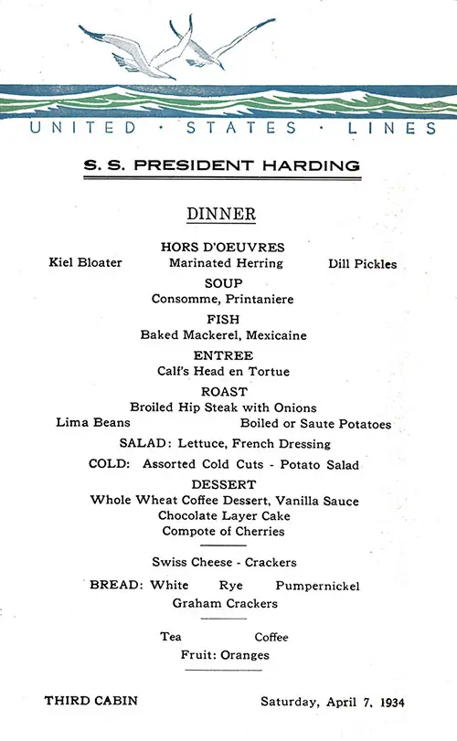 Front Cover of a Vintage Dinner Menu Card from Saturday, 7 April 1934 on board the SS President Harding.