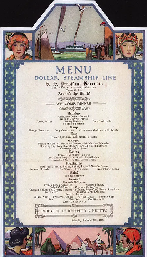 Front Side of a Vintage Welcome Dinner Postcard Menu from 9 October 1926