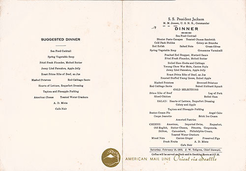 Menu Items, SS President Jackson Dinner Menu - 16 February 1935