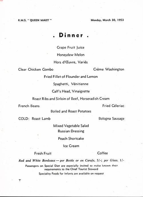 Menu Items, RMS Queen Mary Dinner Menu - 30 March 1953
