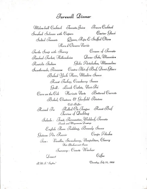 RMS Scythia Farewell Dinner Menu Items, 21 July 1955.