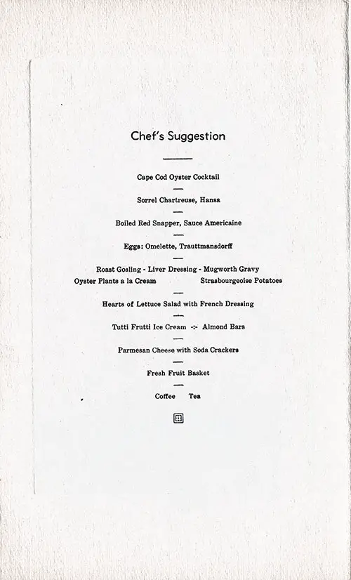 Chef''s Suggestions, SS Washington Dinner Menu - 25 November 1933