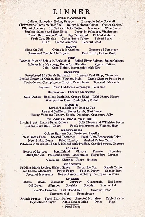 Menu Items, Easter Dinner Menu from Easter Sunday, April 21, 1935 on Board the SS Manhattan of the United States Lines.
