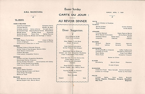 Easter Dinner Menu, RMS Mauretania, Cunard Line, 1934