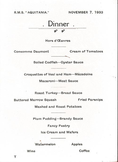 Farewell Dinner Menu Selections, RMS Aquitania, 7 November 1933.