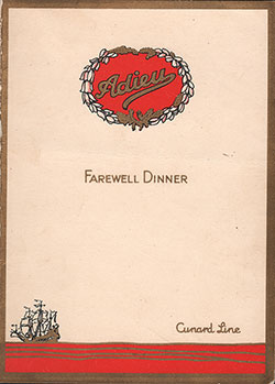 Front Cover, SS Aurania Farewell Dinner Bill of Fare - 28 June 1929