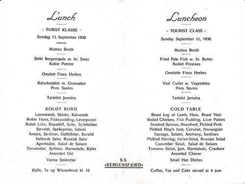 Luncheon Menu Items in Norwegian and English, SS Bergensfjord, 11 September 1939.