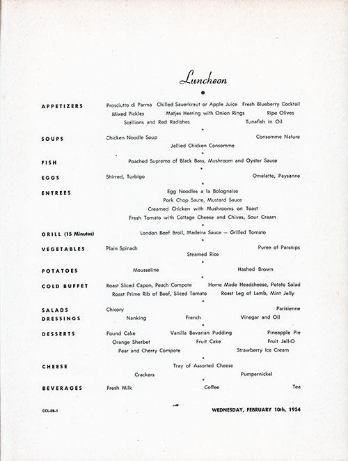 Menu Items, Large Format Luncheon Menu on the SS Constitution of the American Export Lines, Wednesday, 10 February 1954.