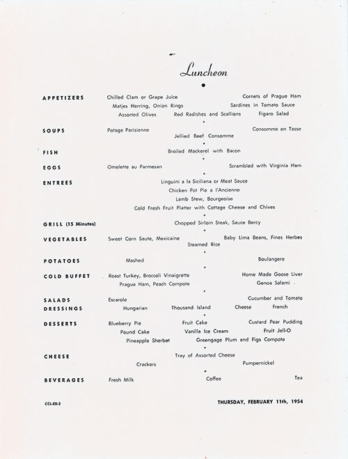 Menu Items, Large Format Luncheon Menu on the SS Constitution of the American Export Lines, Thursday, 11 February 1954.
