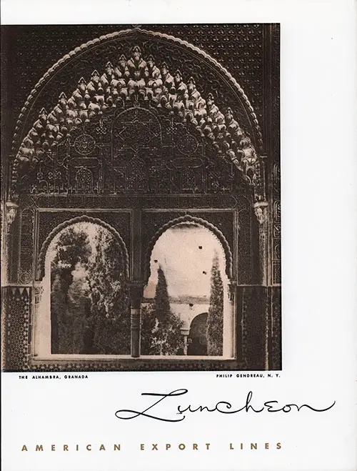 Photograph of the Alhambra in Granada on the Front Cover of a Vintage Large Format Luncheon Menu from 12 February 1954 on board the SS Constitution of the American Export Lines