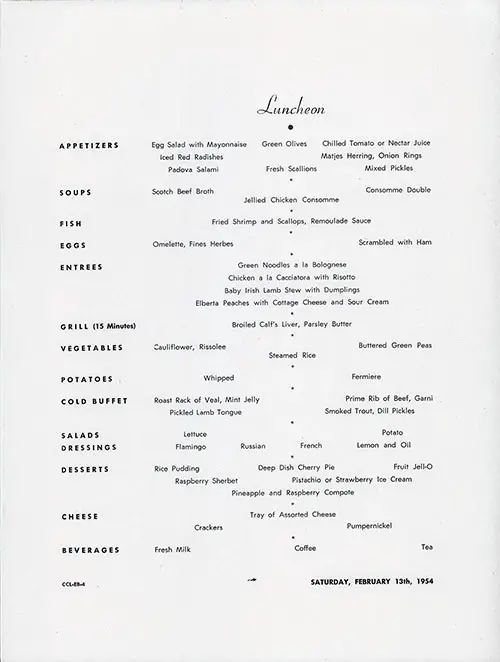 Menu Items, Large Format Luncheon Menu on the SS Constitution of the American Export Lines, Saturday, 13 February 1954.