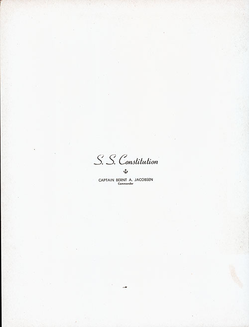 Title Page, Large Format Luncheon Menu, PLClass on the SS Constitution of the American Export Lines, Sunday, 14 February 1954.