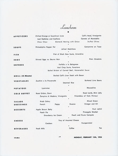 Menu Items, Large-Format Luncheon Menu on the SS Constitution of the American Export Lines, Monday, 15 February 1954.