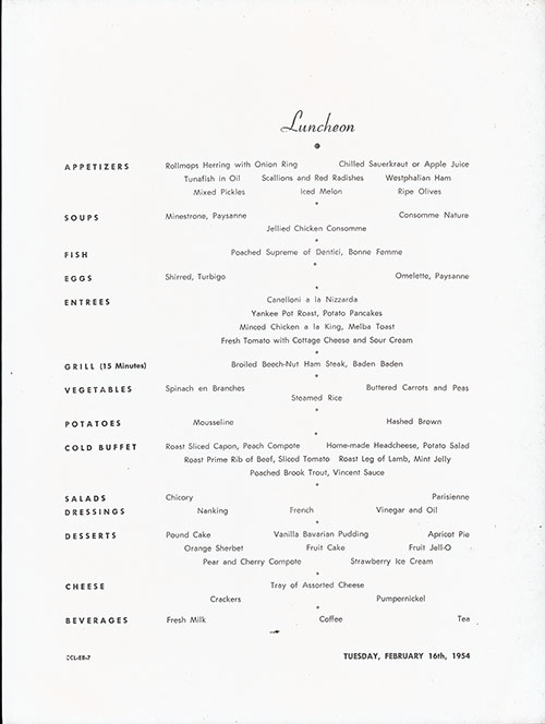 Menu Items, Large Format Luncheon Menu on the SS Constitution of the American Export Lines, Tuesday, 16 February 1954.