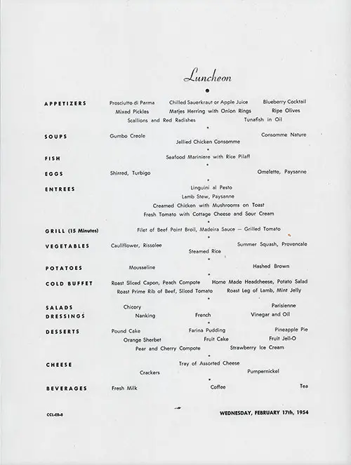 Menu Items, Large Format Luncheon Menu on the SS Constitution of the American Export Lines, Wednesday, 17 February 1954.