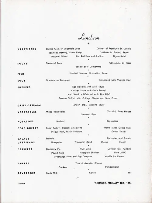 Menu Items, Large Format Luncheon Menu on the SS Constitution of the American Export Lines, Thursday, 18 February 1954.