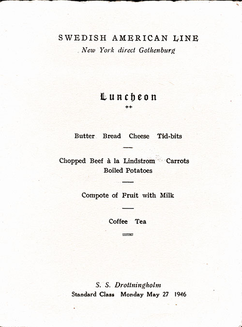 Menu Items, SS Drottningholm Luncheon Menu 27 May 1946
