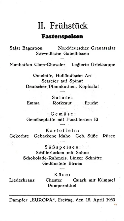 Menu Items in German, SS Europa Luncheon Menu - 18 April 1930