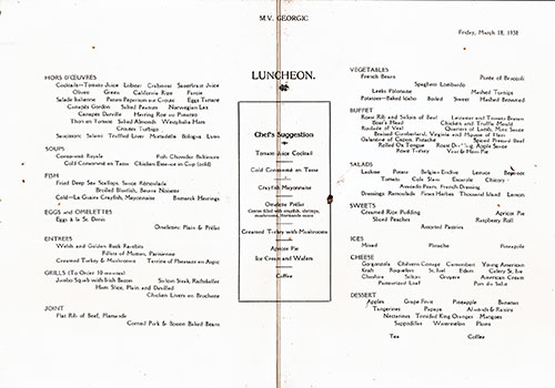 Menu Items, SS Georgic Luncheon Menu - 18 March 1938