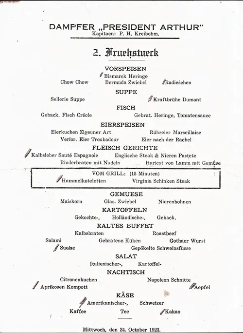 Menu Items in German, Vintage Luncheon Menu From Wednesday, 24 October 1923 on Board the SS President Arthur of the United States Lines.