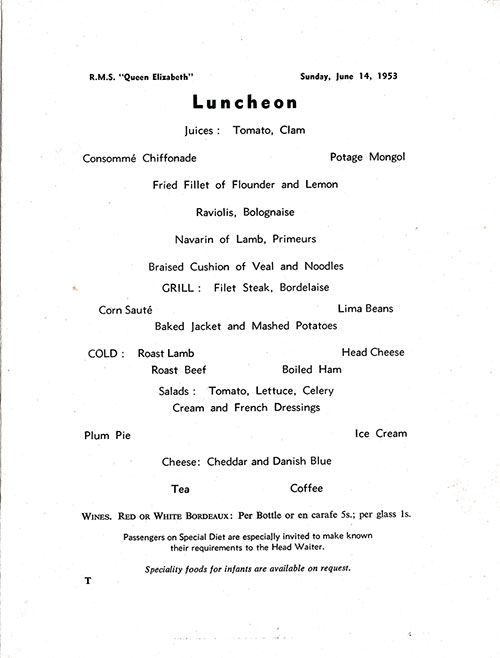 Menu Items, RMS Queen Elizabeth Luncheon Menu - 14 June 1953