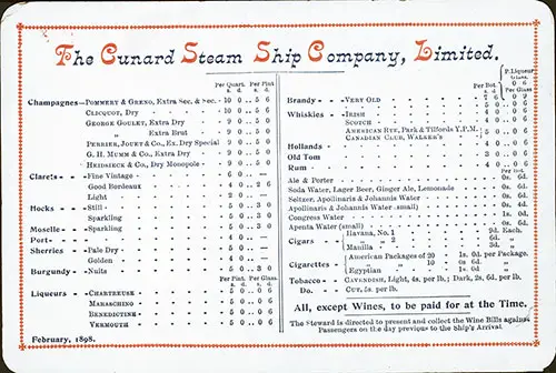 An Excellent Example of a Vintage February 1898 Wine List Menu Card From the Cunard Line Included Items Such as Liquor, Beverages, and Tobacco.