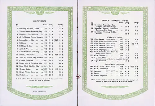 Champagnes, French Sparkling Wines, and Bordeaux Selections in the Wine List for the Cunard Line From April 1927.