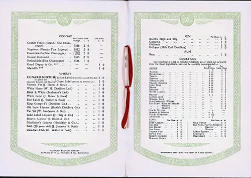 Cognac, Whisky, Gin, Rum, and Cocktails in the Wine List for the Cunard Line From April 1927.