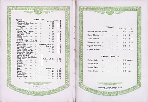 Cigarettes, Tobacco, Playing Cards, and Bridge Score Cards in the Wine List for the Cunard Line From April 1927.