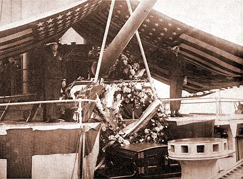 Flag Draped Casket of Unknown Soldier on the Cruiser USS Olympia.