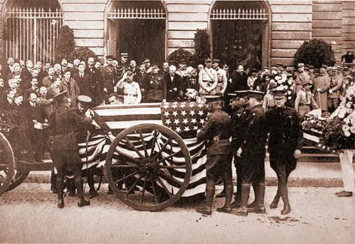 Black Draped Gun Carriage Receiving Flag-Draped Casket of Unknown Soldier.