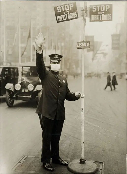 New York City Traffic Cop Wears Gauze Mask for Protection Against Influenza.