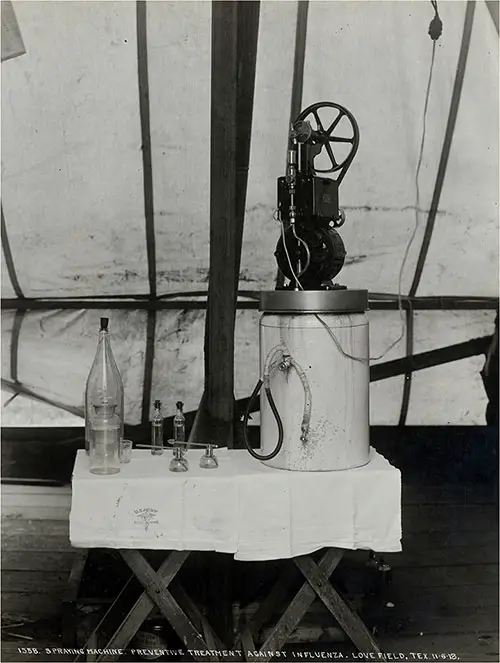 Spraying Machine - A Preventative Treatment Against Influenza at Love Field, Texas, 6 November 1918.
