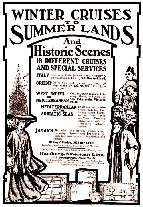 1905 Advertisement: Winter Cruises to Summer Lands by Steamers of the Hamburg-American Line.