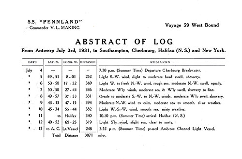 Abstract of Log, Voyage 59 Westbound, from Antwerp to Halifax and New York via Southampton and Cherbourg, for the SS Pennland,