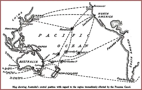 Map Showing Australia's Central Position Concerning the Region Immediately Affected by the Panama Canal.