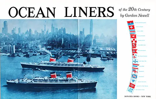 Color Plate, SS America, Foreground, and SS United States, United States Lines, Passing in New York Harbor.