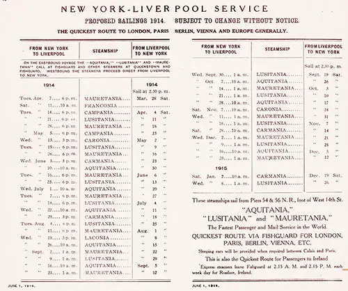 Sailing Schedule, New York - Liverpool Service, from 7 April 1914 to 6 January 1915.