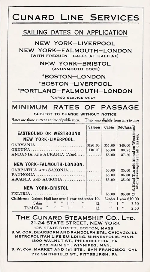 Page Four, Minimum Rates of Passage and General Information, America-Europe Brochure No. 2, 20 April 1917.