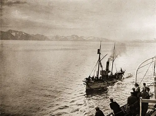 A Whaling Ship Appears Alongside the SS Auguste Victoria as Some Passengers Look On.