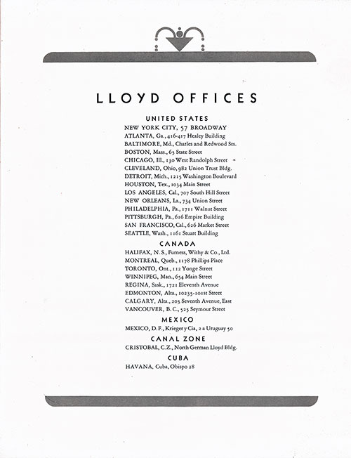 Norddeutcher Lloyd Offices in the United States, Canada, Mexico, Canal Zone, and Cuba.